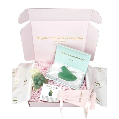 Image of Scilla Rose Gua Sha Jade Stone Gift Set 100% Natural Beauty Guasha Tool Facial Massager for Lymphatic Drainage Face Sculpting Acupuncture Therapy (The Bundle)