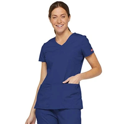 Image of Dickies womensMultiple Patch PocketsEds Signature V Neck Top with Multiple Pockets Short Sleeves Medical Scrubs Shirt Blue Small