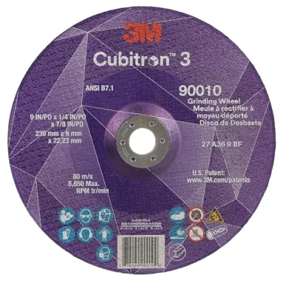 Image of 3M Cubitron 3 Depressed Center Grinding Wheel, 90010, 36+, T27, 9 in x 1/4 7/8 (230x6x22.23mm) ANSI