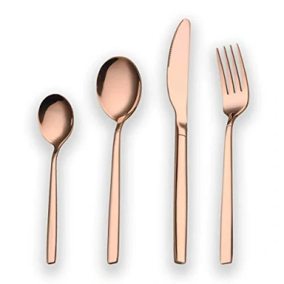 Image of Berglander 24 Piece Titanium Rose Gold Plated Stainless Steel Cutlery Set, Pieces Copper Flatware Color Silverware Set Sets, Service for 6 (shiny Copper)