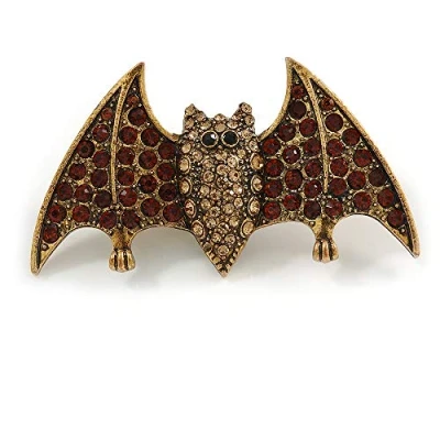 Image of Avalaya Topaz/Citrine Crystal Bat Brooch in Aged Gold Tone Metal 60mm Across