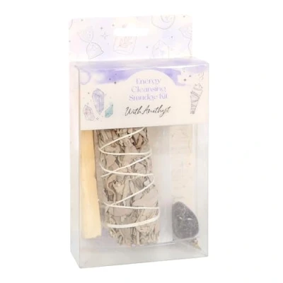 Image of Positive Energy Cleansing Smudge Kit with Amethyst Crystal, White Sage, Palo Santo, and Selenite Wand Something Different Wholesale