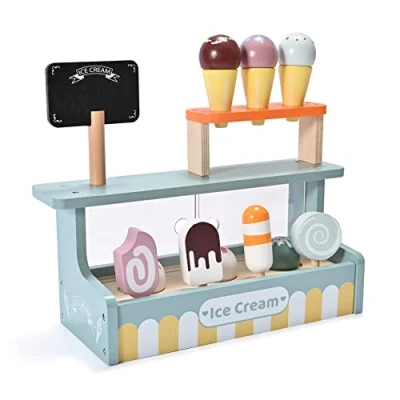 Image of Ice Cream Shop Pretend Play Toy Set, Donmills Wooden for Girls and Boys, Kitchen Playset Role Food Toddler Toys Gift 3 Year Old Girl Age 3+