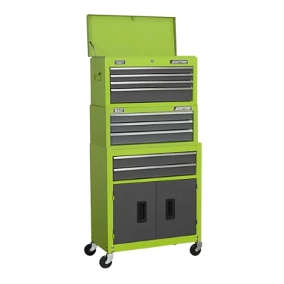 Image of Sealey American Pro Topchest, Mid Box &amp; Rollcab 9 Drawer Stack Hi Vis Green