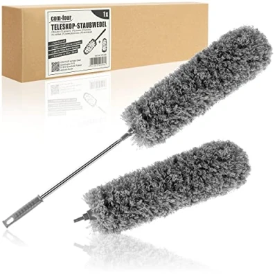 Image of com four® 1x feather duster with telescopic handle and replacement head, dust mop extra long extendable, for high ceilings, cobweb brooms, 80 240cm length (1 piece anthracite + replacement)
