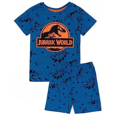 Image of Jurassic World Boys Pyjama Set Blue Short Sleeve T Shirt and All Over Print Shorts PJs for Kids Orange Logo with Dinosaur Film Loungewear Nightwear Gifts Children