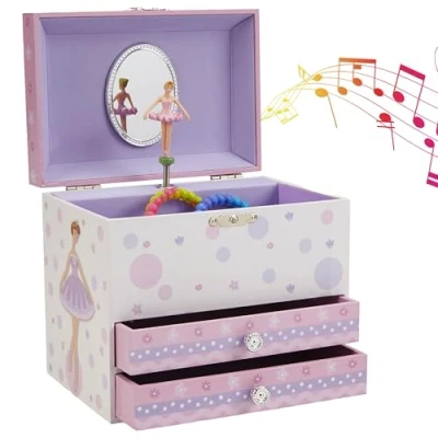 Image of Jewelkeeper Ballerina Music Jewellery Box White and Purple Design with Two Storage Layers, Pine Fibreboard, Gold Tone Latch, 17.2 x 11.5 15 cm, Ideal for Organising Girls&#039; Keepsakes