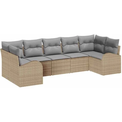 Image of vidaXL 7 Piece Garden Sofa Set with Cushions Beige Poly Rattan