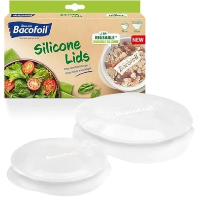 Image of Bacofoil Reusable Silicone Lids for Bowls Jars Containers Kitchen Storage Pack of 8 Covers in 2 Sizes Food Leakproof, Airtight Stretch Microwave, Freezer, Dishwasher Safe