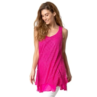 Image of Roman Originals Lace Overlay Hanky Hem Vest Top for Women UK Ladies Spring Summer Casual Day Crochet Longline Sleeveless Scoop Round Neck Asymmetric Holiday Beach Tops Fuchsia Size 10