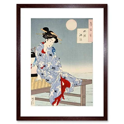 Image of Wee Blue Coo Chikanobu Japanese Geisha Pier Moon Artwork Framed Wall Art Print 9X7 Inch