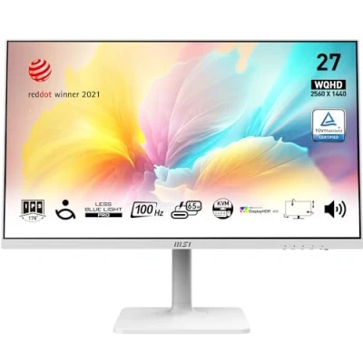 Image of MSI Modern MD272QXPW 27 Inch WQHD Office Monitor 2560 x 1440 IPS Panel, 100 Hz, Eye Friendly Screen, DisplayHDR 400, Built in Speakers, 4 Way Adjustable/ KVM DP 1.2a, HDMI 2.0b, USB Type C