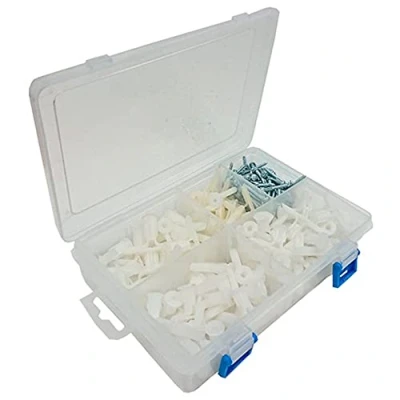 Image of Merriway BH06582 (250 Pcs) Assortment of Plasterboard Poly Toggle &amp; BZP Round Head Screws in a 8 Compartment Carry Case Pack 250 Pieces