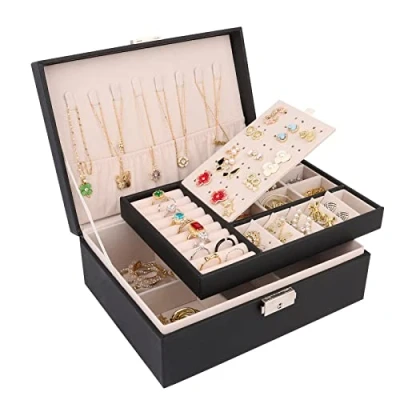 Image of talifoca Jewellery Box, Double Layer Large Capacity PU Leather Storage Organiser Box for Rings Earrings Bracelets Necklaces Girls Women