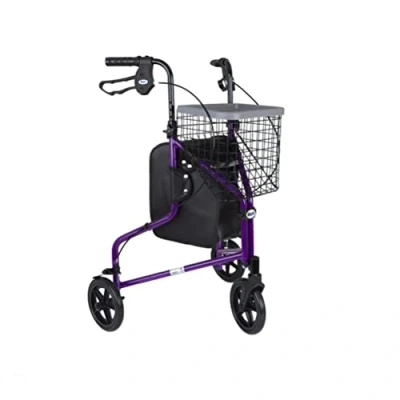 Image of DAYS Lightweight Aluminum Folding 3 Wheel Tri Walker with Lockable Brakes, Adjustable Height, Limited Mobility Aid, Purple Bag, Basket and Tray
