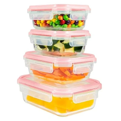 Image of Home Fleek Rectangular Airtight Glass Food Containers with Lids Stackable Storage Containers, Space Saving, Airtight, Microwave, Oven and Freezer Safe Meal Prep (Set of 4, Red)