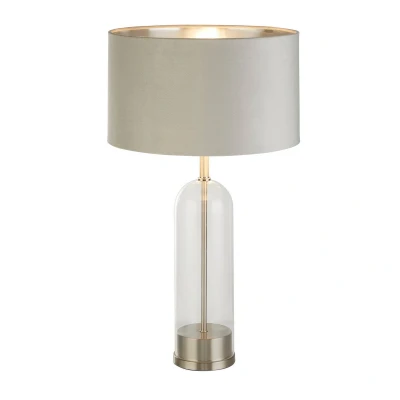 Image of Oxford Table Lamp Glass, Satin Nickel, Grey Velvet Shade