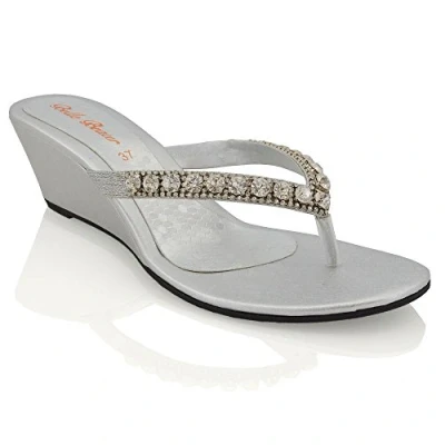 Image of ESSEX GLAM NEW WOMENS LOW HEEL WEDGE DIAMANTE SANDALS LADIES TOE POST SPARKLY SLIP ON SHOES