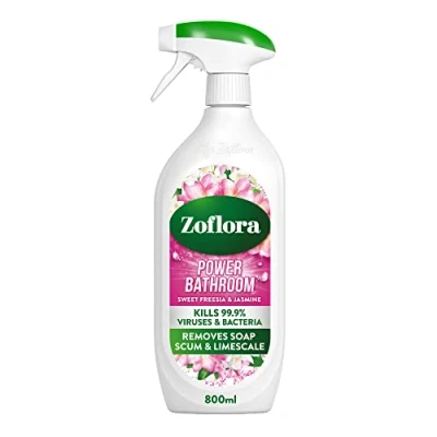 Image of Zoflora Sweet Freesia &amp; Jasmine Power Bathroom Spray, Removes Limescale Soap Scum, Prevention, Antibacterial Multipurpose Cleaner, Kills 99,9% of Bacteria Viruses, 1 x 800ml