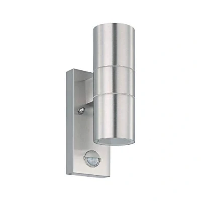 Image of Eglo Riga 5 LED Sensor Outdoor Wall Lamp, 2 Flame Exterior Light in Silver Stainless Steel and Glass, Incl. Motion Detector, IP44