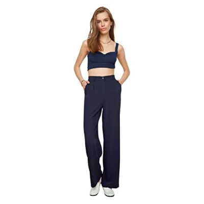 Image of Trendyol Women High Waist Wide Leg Trousers Navy Blue