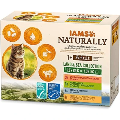 Image of IAMS Naturally Wet Cat Food in Sauce, Ideal with Fish/Meat for Adult or Senior Cats, Various Sizes (4 x 85 g / 12 g)