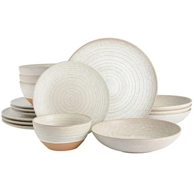 Image of Gibson Elite 16 Piece Dreamweaver Double Bowl Terracotta Reactive Dinnerware Set Earthy Brown