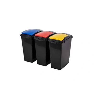Image of Addis Recycling 40 Litre Set of 3 Waste Utility Plastic Bins Interlocking Clips, Lift, Red &amp; Yellow, Black Colour Coded Lids Blue, Red, x