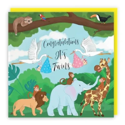 Image of Hunts England New Baby Boy Girl Twins Congratulations Card Its Stork Holding Cute Newborn Yellow Jungle