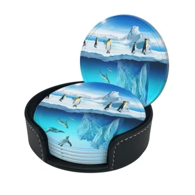 Image of Penguins Print Round Leather Coasters Set Of 6, Ultra Fiber Pu