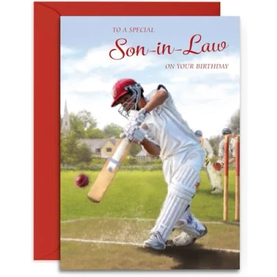 Image of Son in Law Birthday Card Cricket Design for Him Happy A5 Size with Red Envelope