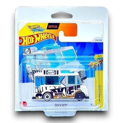 Image of Hot Wheels Quick Bite (White &amp; Black) 4/5 Fast Foodie 2024 214/250 (Short Card) includes a KLAS Car Keeper Protector Case HTB48