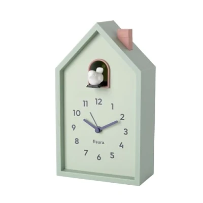 Image of Fisura Cuckoo alarm clock house in mint green, bedside table clock, original analog with hands, snooze button, and light, Powered by 3 AA batteries (not included)