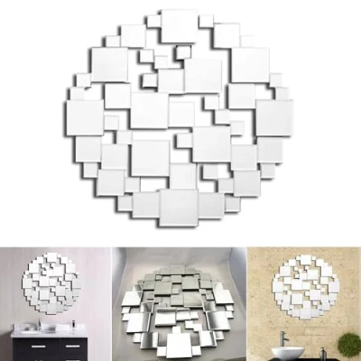Image of ARA CHOICE 60x60cm Large Modern Round Cut Outs Glass Wall Mirror Decorative Art Hanging Living Lounge Bathroom Elegant Artistic Look Venetian Beveled Hall Mount For Home