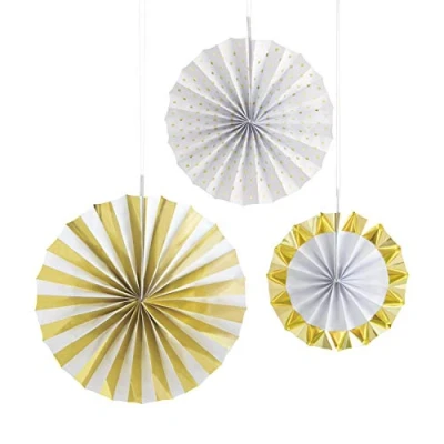 Image of Elegant Gold &amp; White Foil Paper Fan Decorations Assorted Metallic Party Decor Perfect for Wedding, Parties Events 3ct