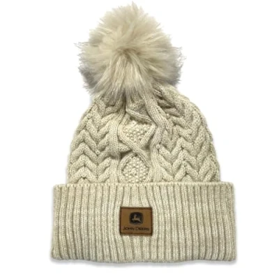 Image of John Deere Womens Knit Leather Patch Pom Beanie Ivory Heather, One Size
