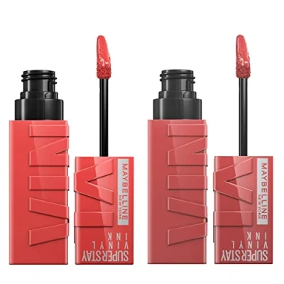 Image of Maybelline New York SuperStay Vinyl Ink Lip Tint Bright Color 35 Cheeky + 15 Luminous Peach Finish 2 Lipsticks with Precision Applicator