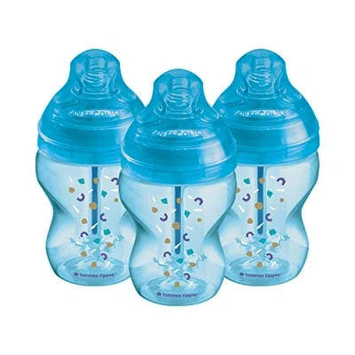 Image of Tommee Tippee Advanced Anti Colic Baby Bottle, 260ml, Slow Flow Breast Like Teat for a Natural Latch, Triple Vented Wand, Pack of 3, Blue