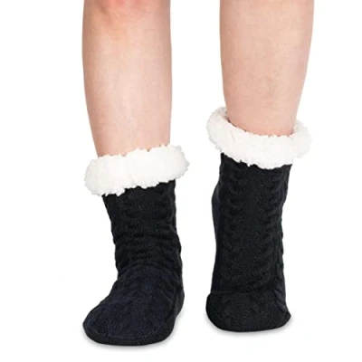 Image of Polar Womens Slipper Socks Soft Fleece Lined With Sole Grips Gift Packaging Snuggly Present For Her Insulated Warm Fluffy Sherpa Lining Thick Thermal Black UK 7/8