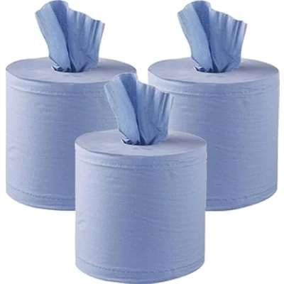 Image of 3 x BIG 150m Blue ROLL Centrefeed Flat Sheet Centerfeed Paper Wipe Towel Tissue Three Rolls