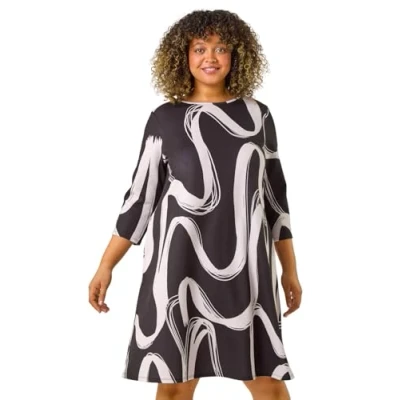 Image of Roman Originals Tunic Dress with Pockets for Women UK Ladies Swing Fit &amp; Flare Skater Slouch Stretchy Casual Smart Winter Jersey Pull On Relaxed Work Office 3/4 Long Sleeves Black White Size 18