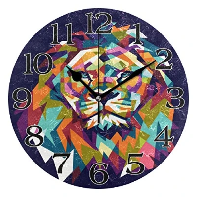 Image of linomo Colorful Lion Wall Clock Decor, Silent Non Ticking Square Quiet for Kitchen Living Room Bedroom Bathroom Office