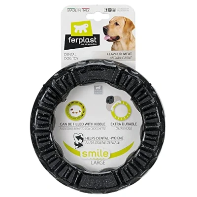 Image of Ferplast Dog Toy, Treat Dispenser Ring, Chew Made of Durable Material, Meat Flavoured, for Dental Hygiene, SMILE Fitness Large Size Toys, Black