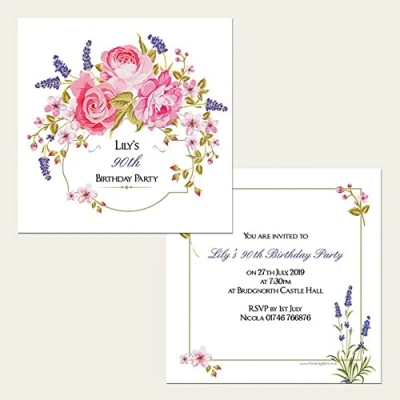 Image of Dotty about Paper Personalised 90th Birthday Invitations Rose &amp; Lavender Border Pack of 10