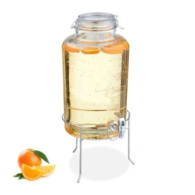 Image of Relaxdays Drinks Dispenser with Stand, 8 litres, Tap, Water Pitcher, Beverage Container, Clip Top, Transparent