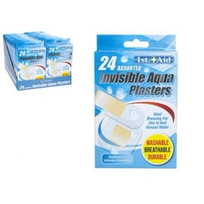 Image of 1st Aid Assorted Invisible Aqua Plasters Pack of 24 Sizes Ideal for Water, Swimming