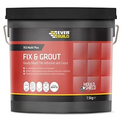 Image of Everbuild 703 Fix And Grout Tile Adhesive Ready Mixed Anti Mould Water Resistant High Strength Brilliant White 7.5kg