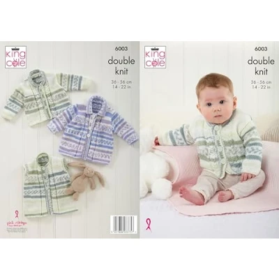 Image of King Cole Baby DK Knitting Pattern 6003 Jacket, Waistcoat &amp; Cardigan