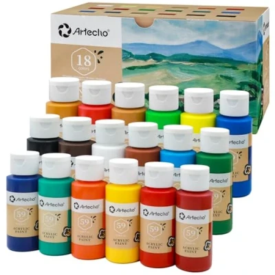 Image of Artecho Acrylic Paint Set for Art, 18 Colors 2 Ounce/59ml Basic Supplies Wood, Fabric, Crafts, Canvas, Leather&amp;Stone