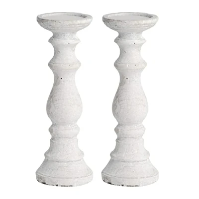 Image of 2 Pack White Wash Stone Textured Vintage Column Candle Holder 30cm Height New Home Gift Birthday Present